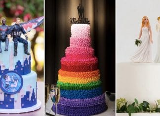 Vamos falar do bolo de casamento? Bolos de casamento gay: Falcão e Capitão América, representando Lincoln e Lane, em seu casamento; bolo arco-íris do casamento de Kevin e Jamie; representação de noivas sobre o bolo de casamento branco.