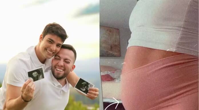 Lucas Rangel e Lucas Bley celebram 6 meses de gestação por barriga de aluguel Lucas Rangel e Lucas Bley juntos exibindo imagens da ultrasonografia do filho. E do lado direito a barriga da mãe de aluguel. (Foto: Lucas Rangel/Montagem Revista Quem)